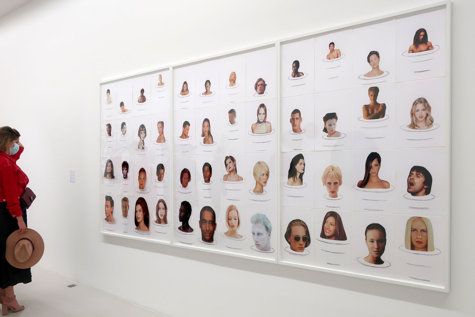 Claude Closky, ‘Midnight dip (48 swimmers),’ 1998, black ballpoint pen and collage on paper, 145 x 105 cm (16 sheets 35 x 25,5 cm). Exhibitioin view Galerie Perrotin, Paris, 2020